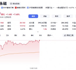 金力永磁H股高开高走 盘中涨超7%