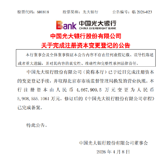 光大银行:注册资本增至590.9亿元-第1张图片-51吃大瓜 光大银行:注册资本增至590.9亿元-第1张图片-51吃大瓜